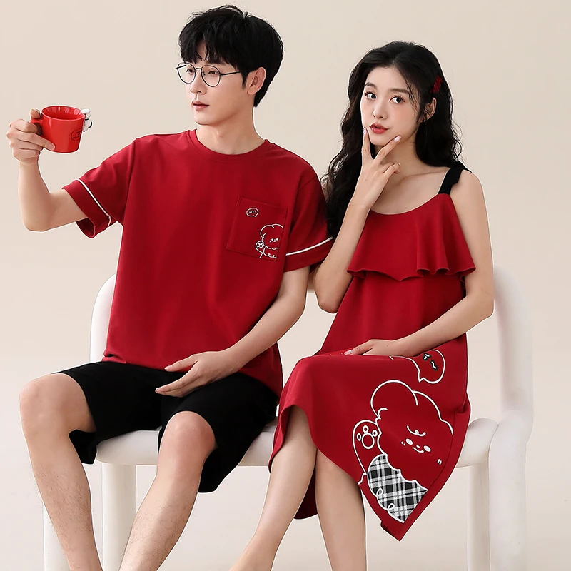 High Quality Couple Pajama Set Summer Cute Cartoon Pyjamas Men Sleeveless Pijamas 100% Cotton Women Sling Nightgown