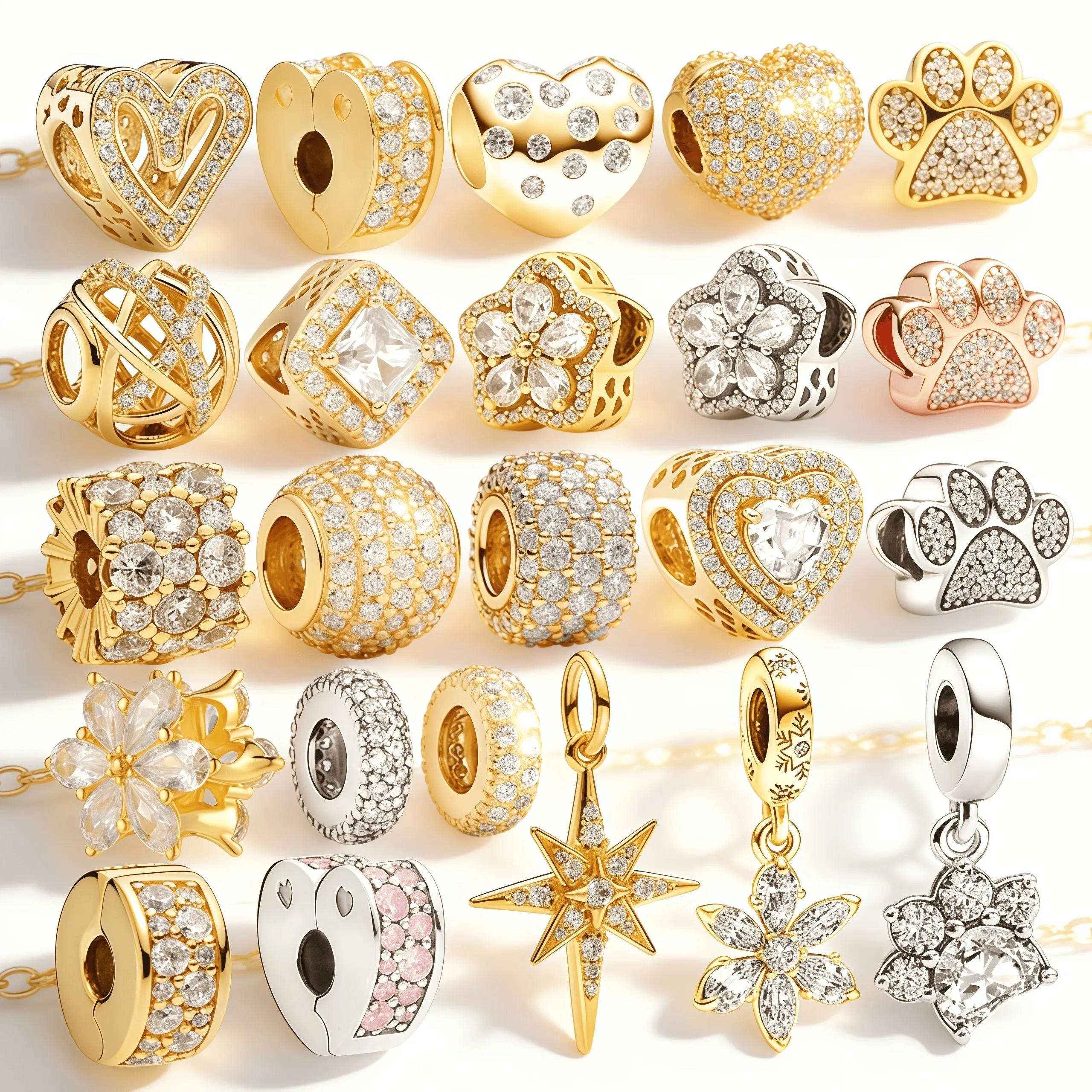 

New DIY Sparkling Gold Paw Zircon Series Charm Bead Pendant Clips Fit Original Snake Bone Bangle Necklace Trinket Jewelry Gift