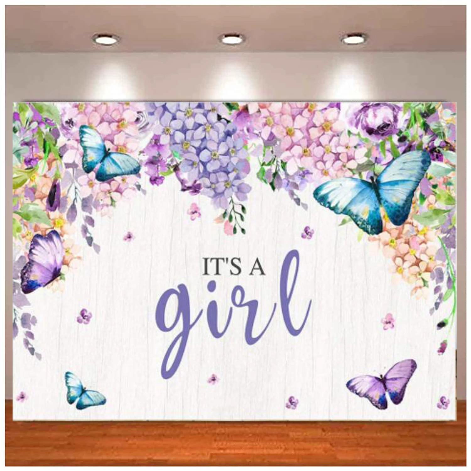 È una ragazza Farfalla Baby Shower Sfondo festa Viola Floreale Fata Principessa Primavera Giardino Festa Sfondo fotografico Banner