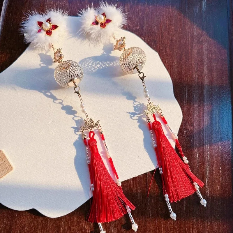 Vintage Hanfu Children Hairpin Festive Red Lantern Tassels Lunar New Year Adjustable Hair Accessory Traditional Chinese Gift