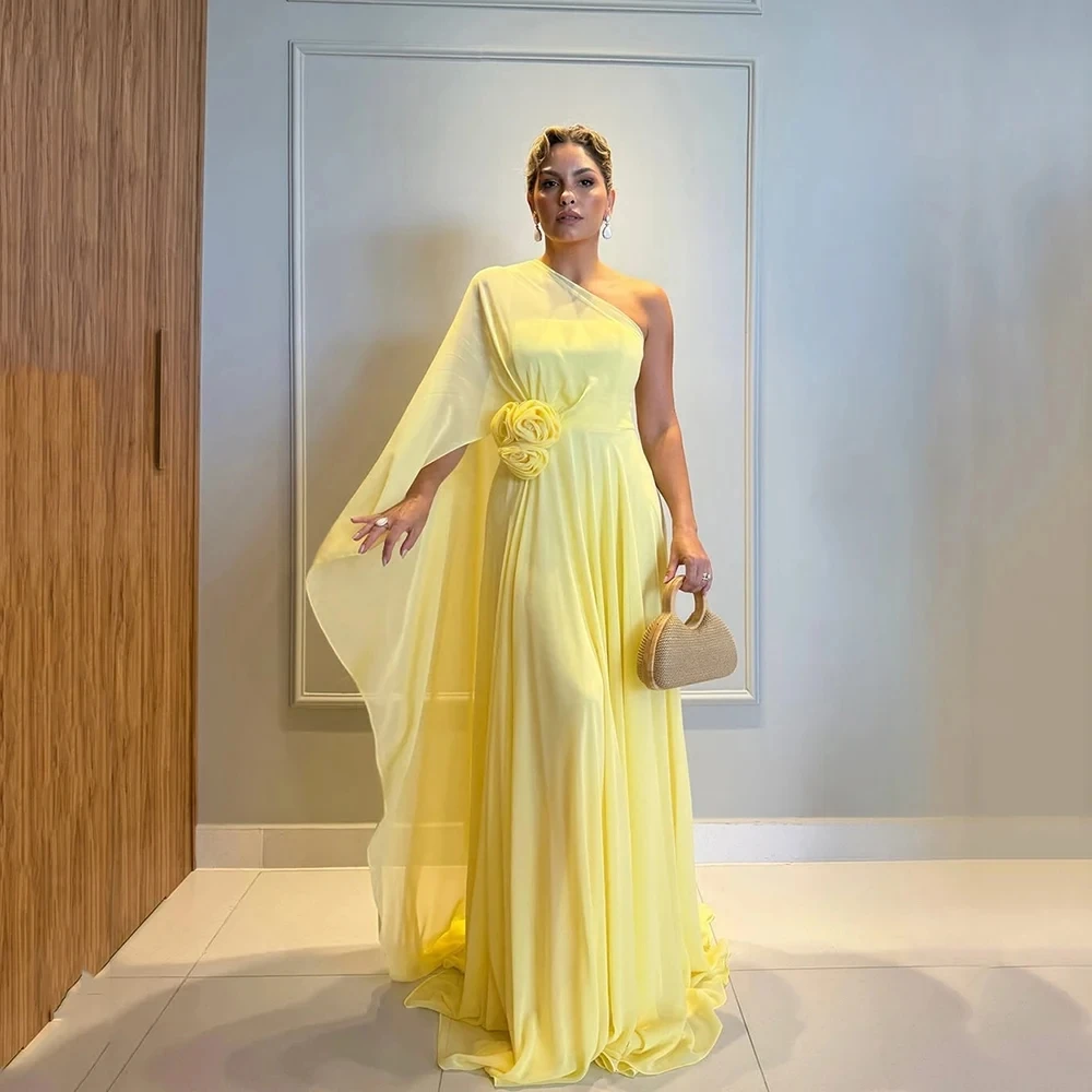 New  Yellow Evening Formal Dress Cape Sleeve One Shoulder Pleats 3D Flowers Chiffon Prom Pageant Party Gowns Robe De Soiree