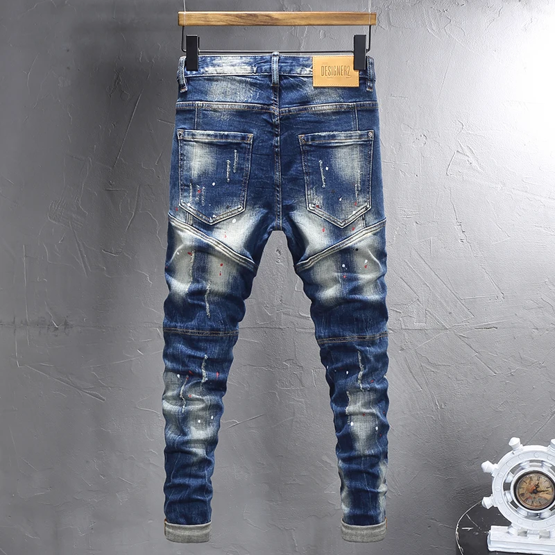 Street Designer Fashion Men Jeans Retro Blue Stretch Slim Fit Spliced Ripped Jeans Men Y2K Painted Vintage Denim Pants Hombre