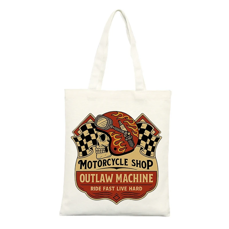 Canvas Tote Bag with Skull and Flame Graphic, Vintage Motorcycle Style for Casual Daily Use