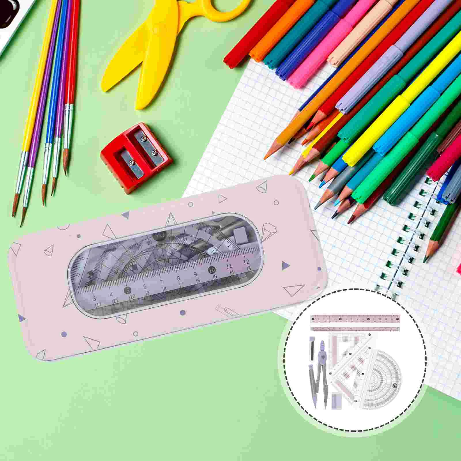 Ruler Set Triangle Kit School Geometry Protractor Student Stationery Compass Kids Drawing Plastic Accessories Portable