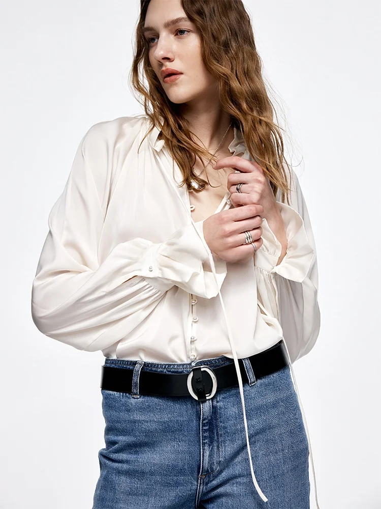 

in Credible White Silk Satin Loose Pearl Button V-Ne Wooden True Silk irt Women's Faion Retro Sle Long Sve