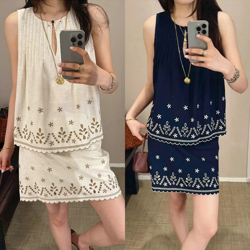 

Fashionable Mediterranean Fern Language Embroidery Sleeveless Top And Short Skirt Set Women's Summer 2025 Minimalist Style
