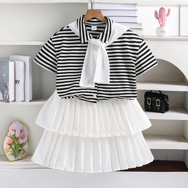 

2025 Summer Child Clothes Sets Short Sleeve O Neck Striped T-shirt Cake Skirts 2 Piece Sets Girls Clothes Sets 8-12T