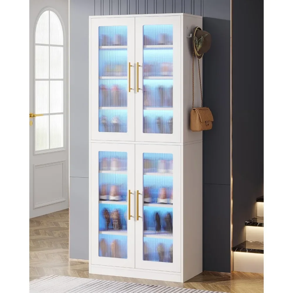 Tall Shoe Storage Cabinet Entryway with Acrylic Doors LED Lights Adjustable Shelves for Home Organization