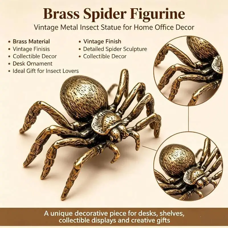 Vintage Handmade Brass Spider Figurine Mini Copper Insect Statue Desktop Ornament for Office Study Room Home Decor Gift