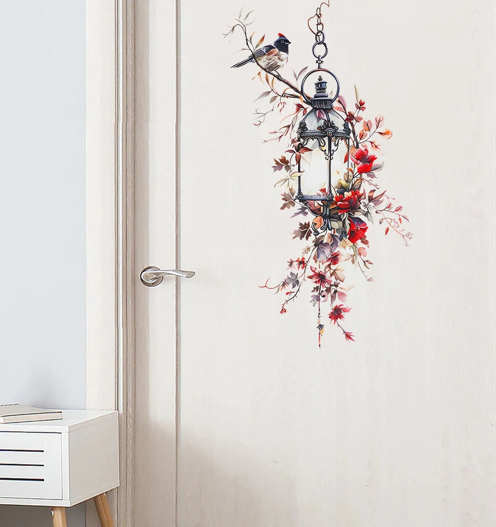 Vintage Street Lamp Red Flower Wall Sticker Sacinora Rose Peony Floral Art Wall Decal Removable Living Room Decor