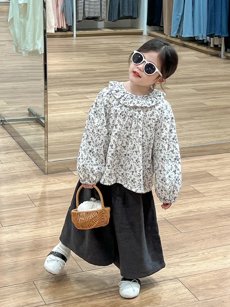 Girls Mori Style Suit2024Autumn and Winter New Floral Doll Collar Warm Top Casual Wide-Leg Pants Children's Fashion