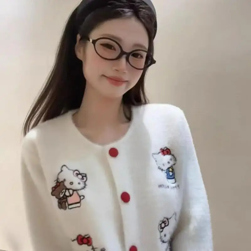 

Вязаный кардиган с милым рисунком «Hello Kitty», Sanrio, новинка 2023 года, ленивые свободные топы, пальто, милый свитер в студенческом стиле для девочек