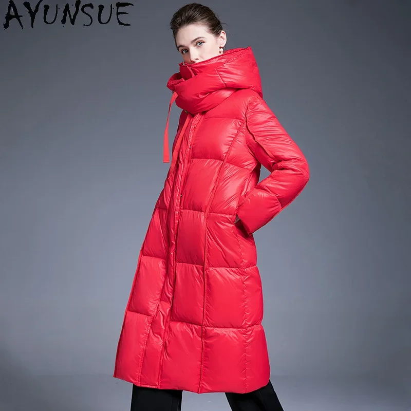 AYUNSUE White Duck Down Puffer Jacket Women Fashion Outerwears Long Down Coats with Hood Winter Luxury Clothes Пуховики 2024