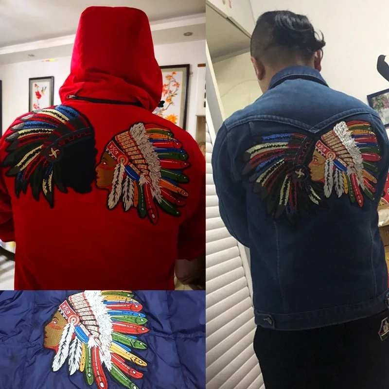 24cm Oversized Colorful Indian Head Feather Embroidery Patches With Adhesive DIY Sewing Garment Applique