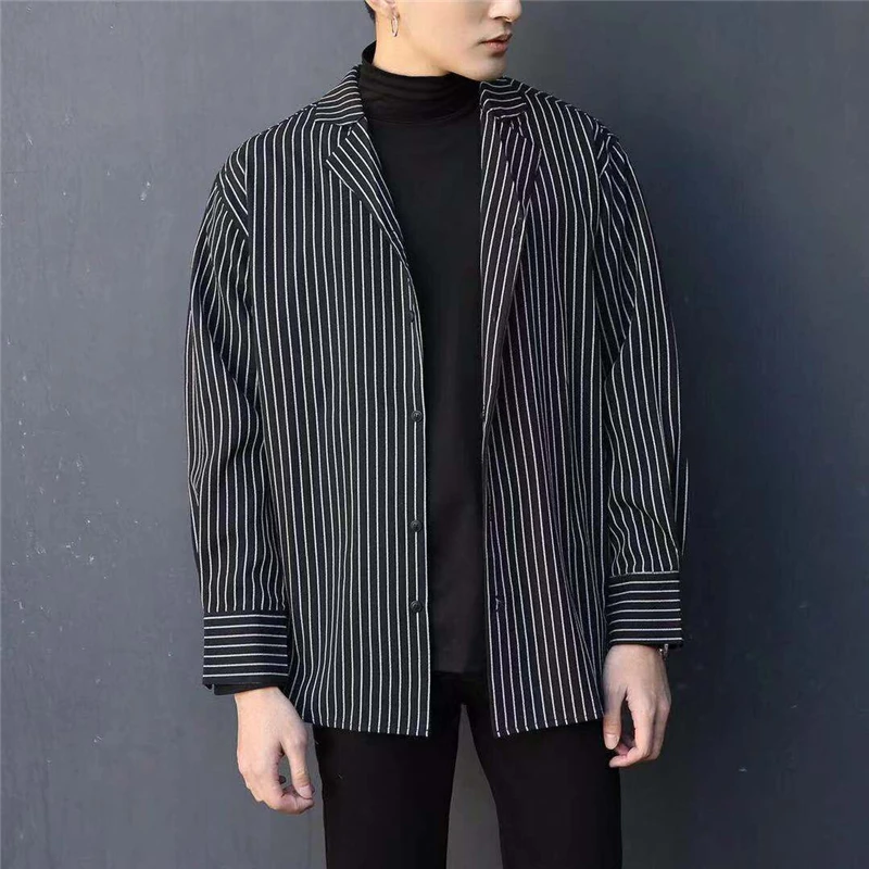 Men\'s Clothing Autumn Korean Striped Oversized Long Sleeve Shirt Trendy Casual Streetwear Handsome Design Tops Camisa Masculina