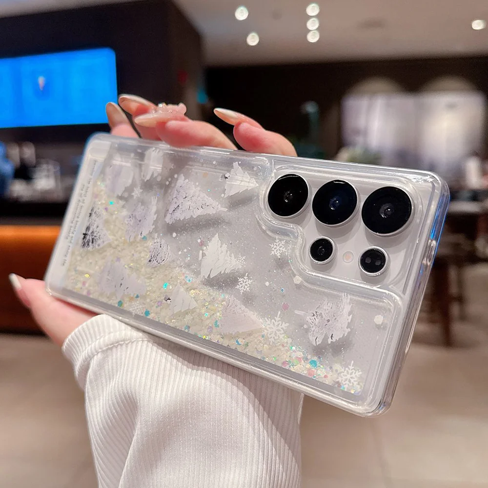 Phone Case For Samsung Galaxy S22 S23 S24 S25 Plus Ultra New INS Quicksand Glitter White Forest Tree Print Clear Potective Cover