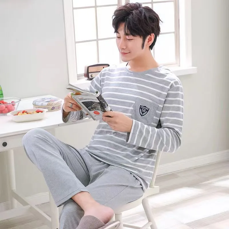 Plus Size Men Pajamas Cartoon Long Sleeve Trousers Student Sleepwear Loungewear Two-Piece Set Round Neck Striped Homewear