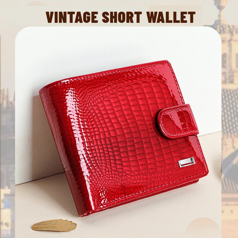 Luxury Patent Leather Women's Bi-Fold Wallet Genuine Leather Short Purse Large Capacity Fashion Card Holder with High-End Feel
