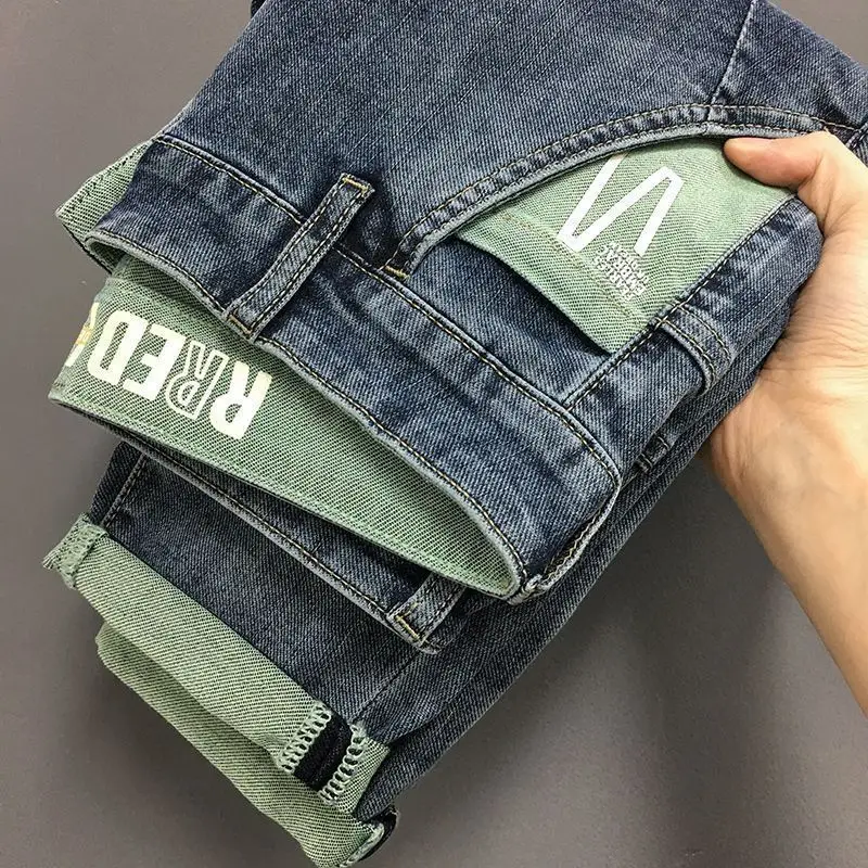 

Korean Popular Clothes 2026 Summer Thin Jeans Men's Elastic Slim-fitting Pants Korean Trendy Casual Long Pants Embroidered Jeans