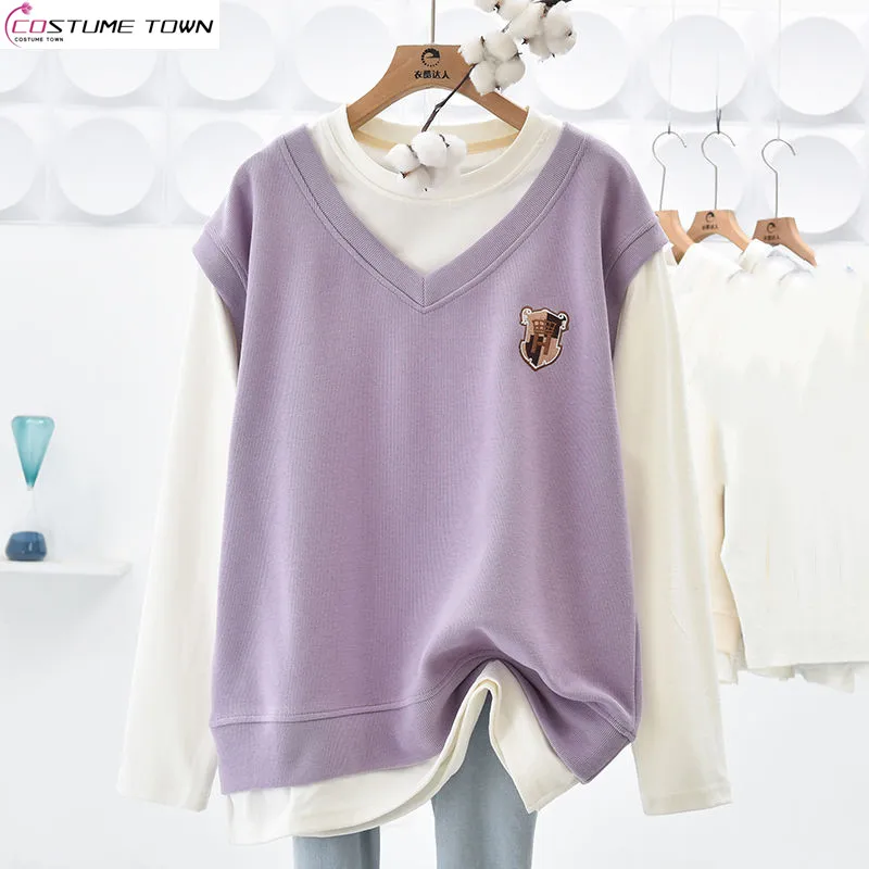 

Autumn and winter Korean edition new spliced fashionable fake two-piece loose design pullover top