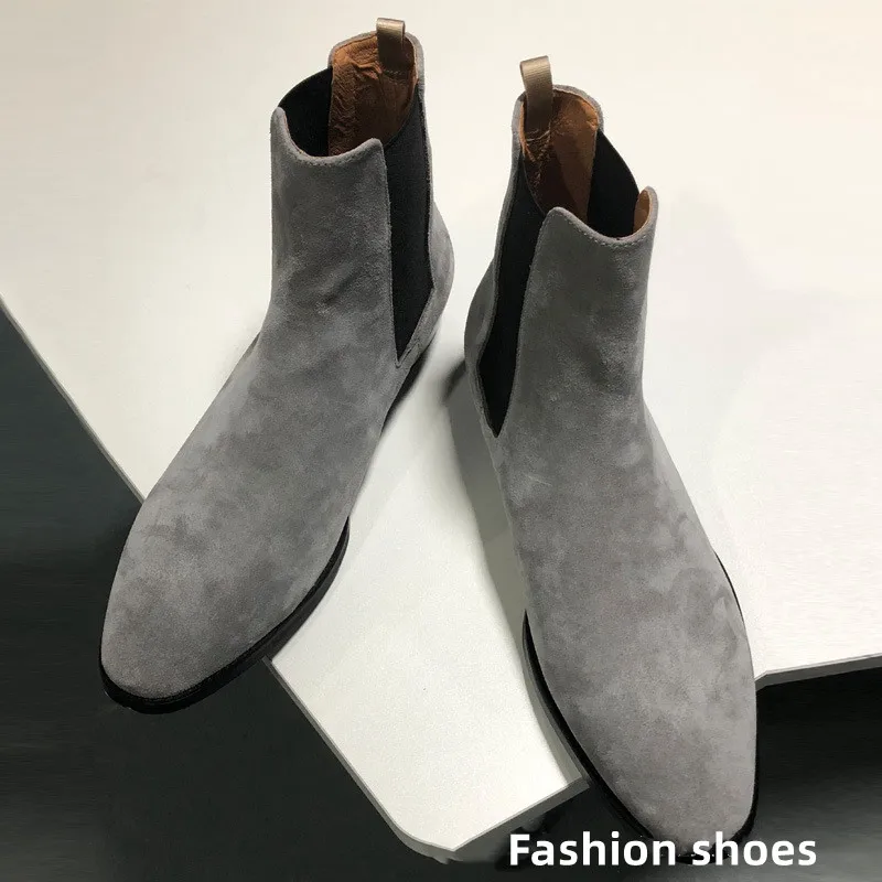 

Grey Cow Suede Chelsea Boots for Men Low Heels Band Shoes Pointed Toe Men Ankle Martin Boots Genuine Leather Botas De Hombre