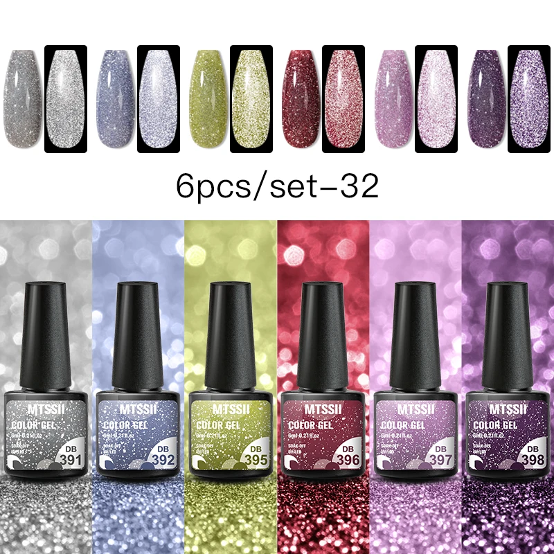 Mtssii 6Pcs Set di smalti per unghie con Gel glitterato riflettente Nail Art Gel appariscente scuro Base per smalto olografico scintillante e Kit di Gel per Top Coat