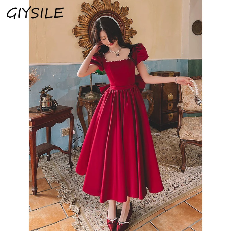 버건디 A라인 새틴 이브닝 드레스 섹시한 스퀘어 칼라 파티 드레스 우아한 반팔 웨딩 드레스 여성용 미디 드레스