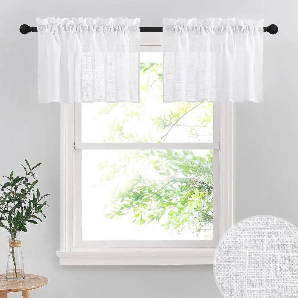 

Sheer Linen-Textured White Curtains, Semi-Sheer Valances for Windows, 52 Wide x 18 Long, Set of 2 Panels