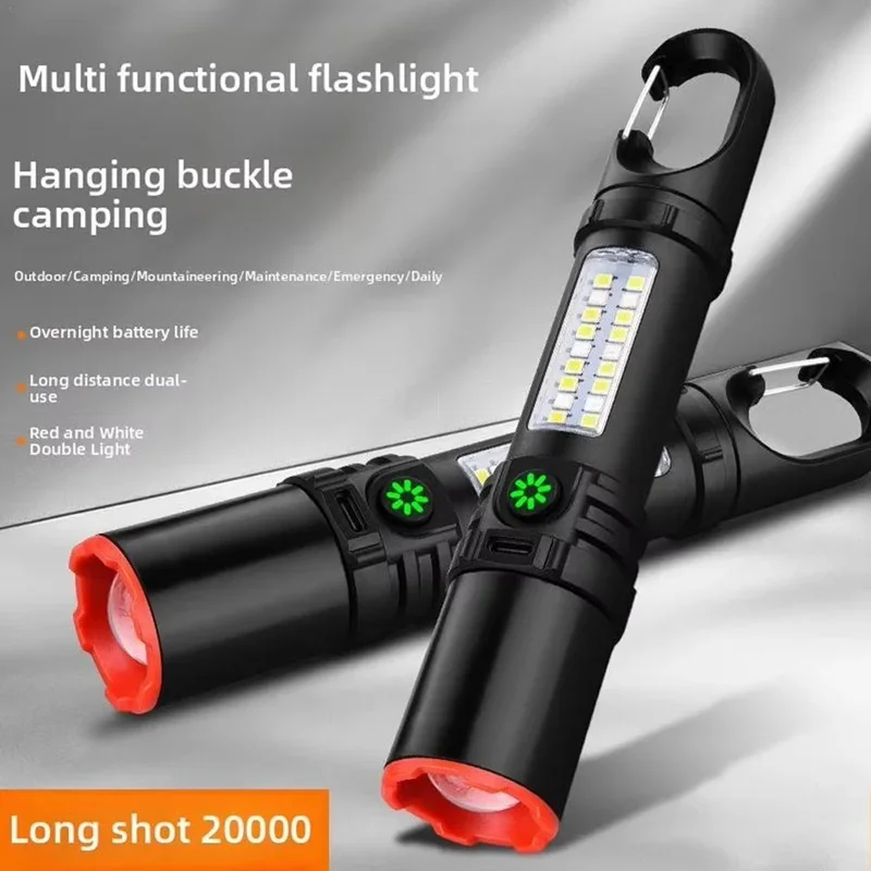 

High-brightness LED flashlight with hook side light, LED telescopic zoom portable flashlight, ultra-lightweight outdoor cycling