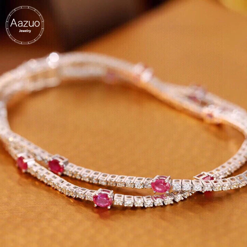 

Aazuo Fine Jewelry 18K Solid White Gold Real Diamond Natural Ruby Double Line Tennis Bracelet Gifted For Women High Cass Banquet