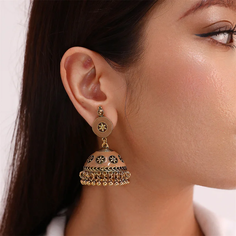 1pair Bohemian Bell Drip Earrings – Antique-Style Charms with Glossy Enamel Accents, Elegantly Ethnic.