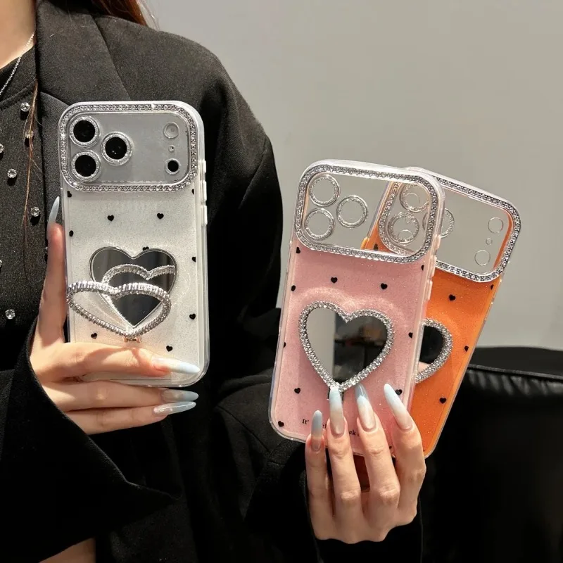 Glitter Diamond Love Heart Mirror Bracket Case for iPhone 16 17 18 Pro Max 15 14 Plus 12 13 Make Up Holder Stand Lens Film Cover view 6