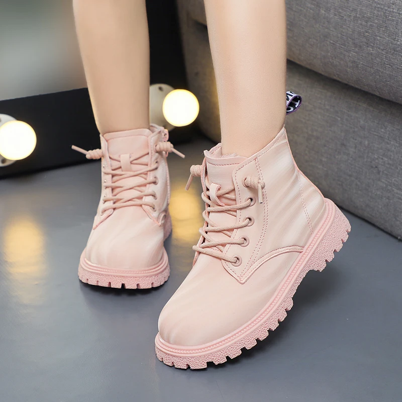 Leather Children Boots Girls Plush Shoes Winter Warm Cotton Sneaker Casual Sports White Pink Lace Up Snow Short Boots for Girl