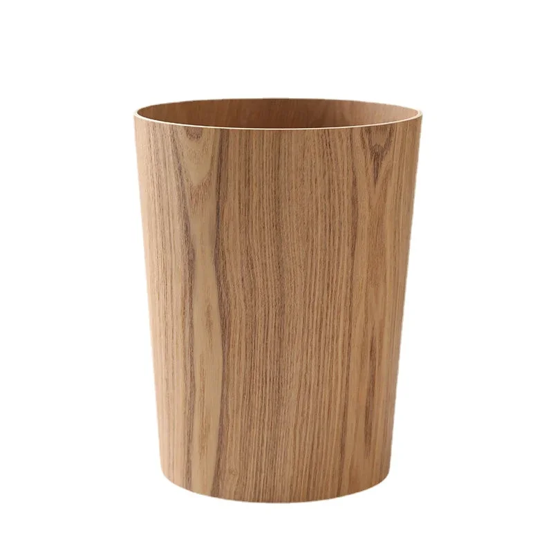 9L Garbage Can with Lid Waste Bins Solid Wood Wastebasket Home Cleaning Tools Round Trash Can Swing Cover Office Storage Baskets