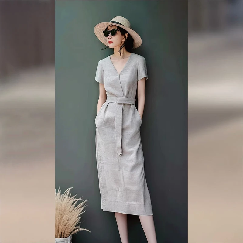 

Grey V-Neck Cotton Linen Dress Women's Summer New Luxury Sensation Small Size Long Dress Elegant Casual Maxi Gown by DaYuJia