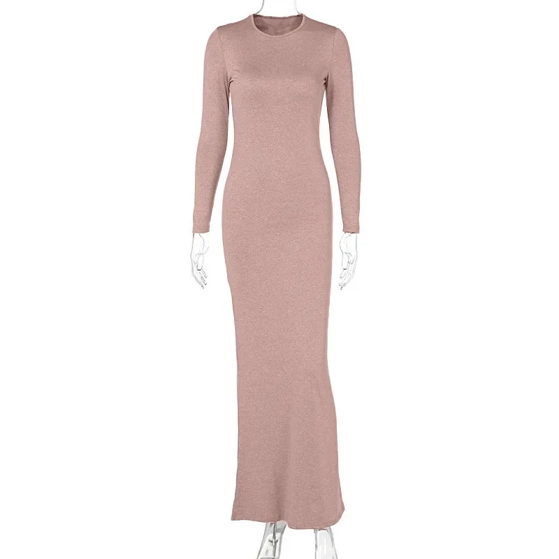 Women's Slim Fit Solid Color Round Neck Mid Waist Long Sleeved Dress 2024 Autumn