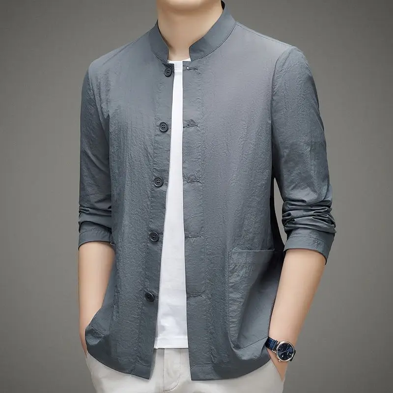 New Summer New Chinese Shirt Men's Sunscreen Jacket Middle-aged and Young People Breathable and Thin Tang Suit Stand Collar