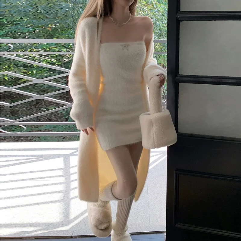 2024 spring Korean two piece dress elegant knitted suit mini dress women luxury sexy 2 piece sets white cardigan two piece set