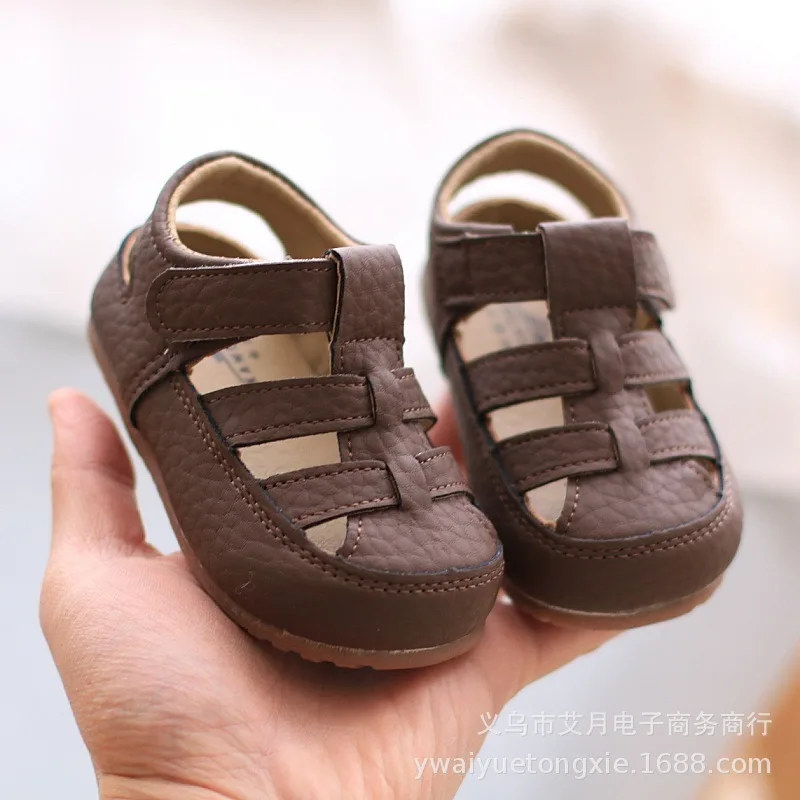 

Summer Children Beach Hollow-out Sandals Outdoor Kids Closed-toe Walking Sandals Soft-soled Baby PVC Sole Leather Casual Sandals