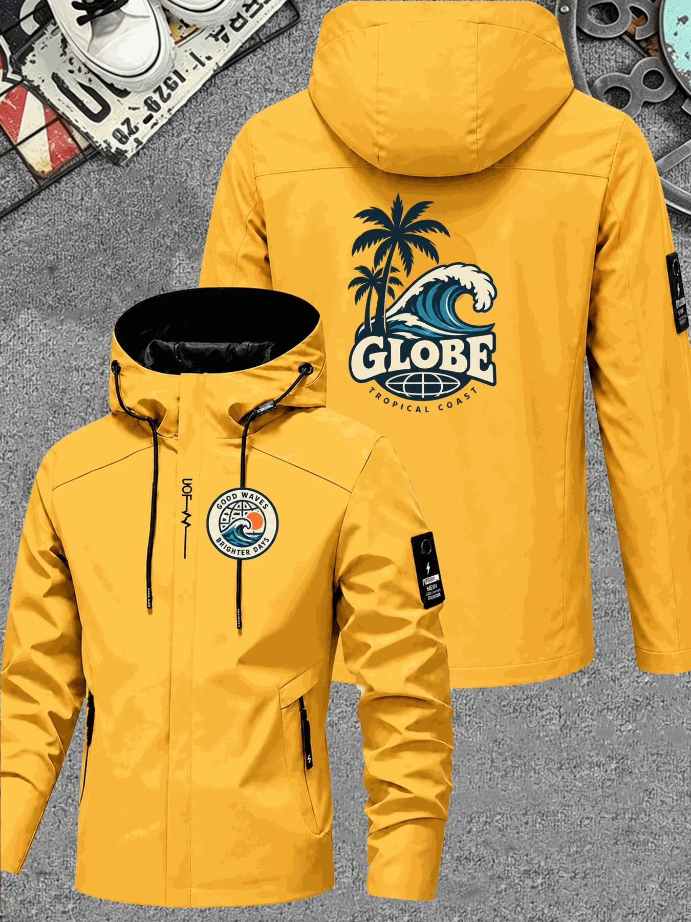 Men Hooded Jacket Globe Adventure Graphic Print Zip Up Windbreaker Casual Streetwear Autumn Coat
