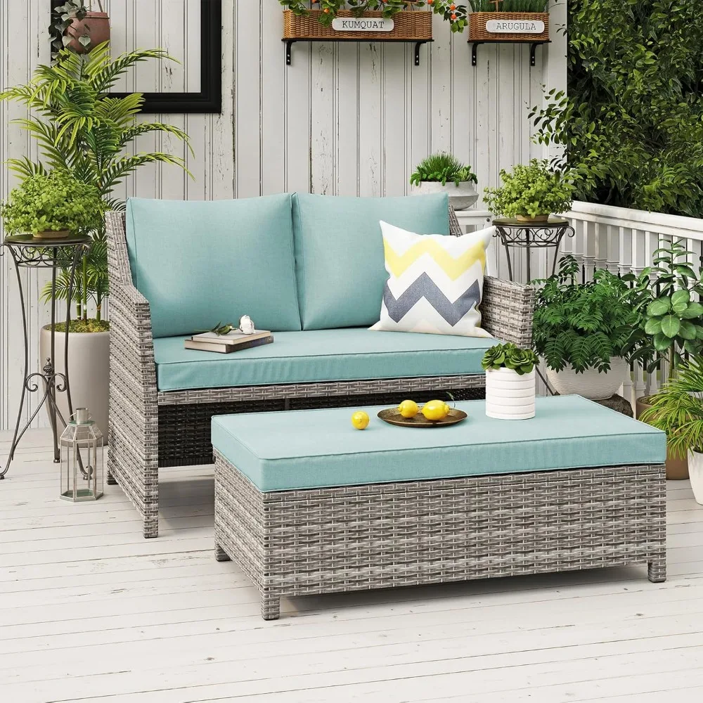 

Outdoor Patio Furniture Wicker Love-seat and Coffee Table Set, with Built-in Storage Bin, Grey Rattan,