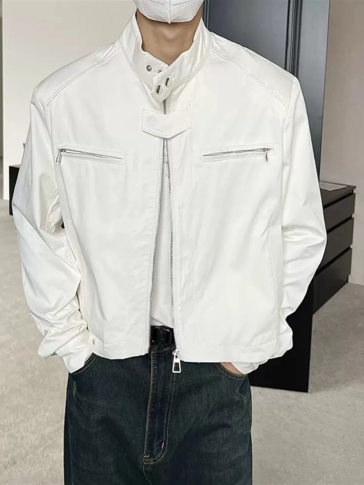 

Autumn Men's Faion Stand Collar Padded oulder Jaet Loose ort Sle Youthful Trendy Outerwear Zipper Closure Long Sve