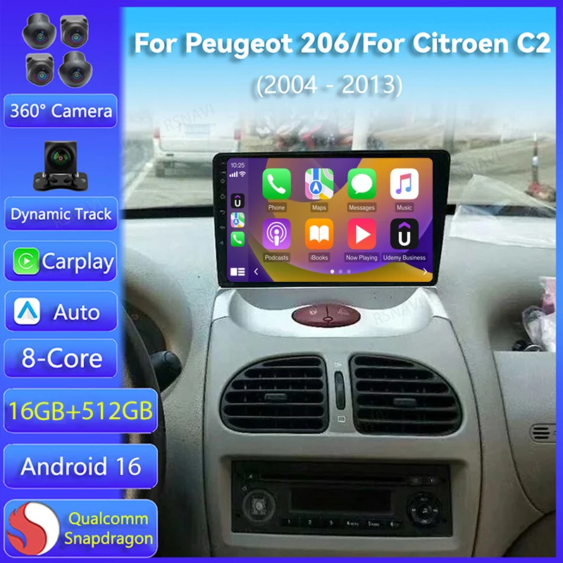 Android 16 Carplay Auto Für Peugeot 206 2004 - 2008 Für Citroen C2 2006 - 2013 Multimedia Autoradio Player 2Din WIFI+4G Stereo