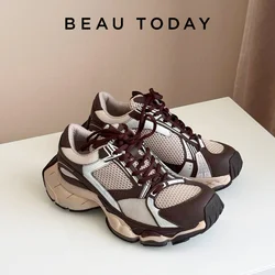 BEAUTODAY Chunky Sneakers Women Split Leather Mesh Round Toe Lace-up Thick Sole Basket Female Casual Shoes Handmade 29A40