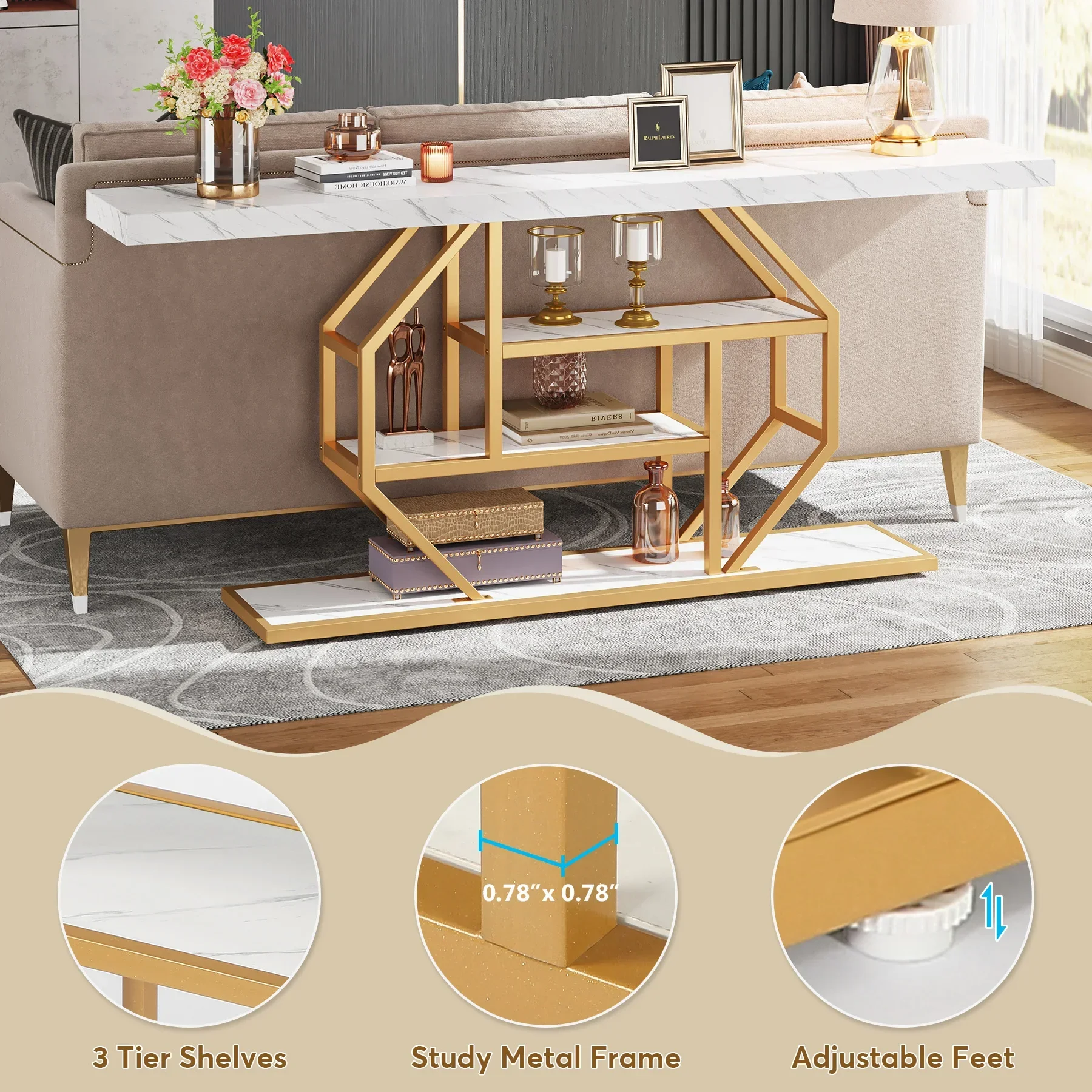 Tribesigns 70.9 inch Extra Long Console Table, Modern Gold Sofa Table Behind Couch with Storage, 4 Tier Entryway Accent Table