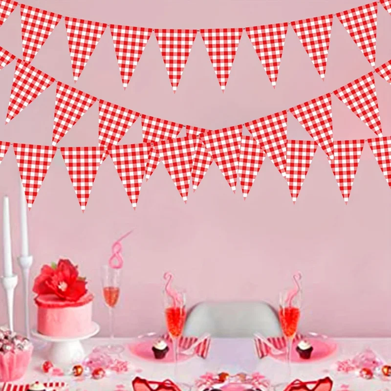 12-36pc Red Plaid Banner Triangle Flag Bunting Garland Streamer for Carnival Circus Kids Birthday Wedding Outdoor Garden Hanging