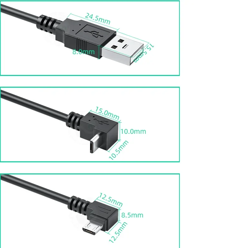 Up Down Left Right Angled 90 grados USB Micro USB macho a USB macho Cable conector de carga de datos 25 cm 50 cm para tableta 5 pies
