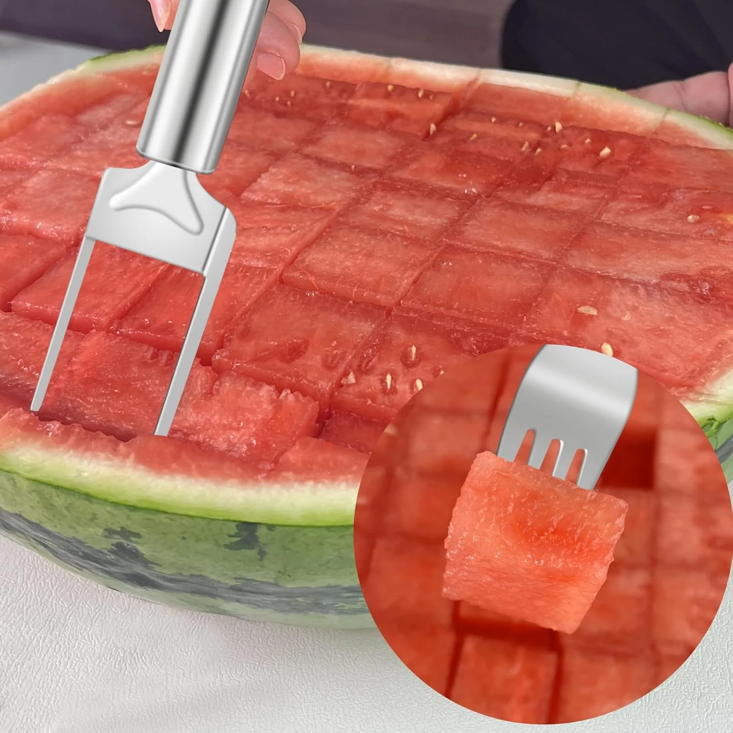 2 PACK 2-in-1 Watermelon  and Fork, 9.5 Inch Stainless Steel Fruit  Slicer Tool