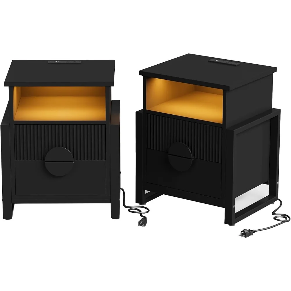 

Fluted Nightstand Set of 2with Charger Station, Strip Lights,Night Stand with 2 Drawers, Accent Bed Side Table and End Table,Cu