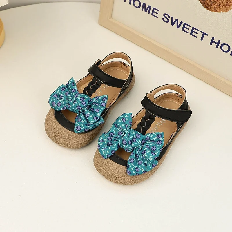 2024 Kids Sandals for Girls Princess Summer Flat Shoes with Bowtie Sweet Causal Children's Sandals Cut-outs Anti-kick Hook Loop